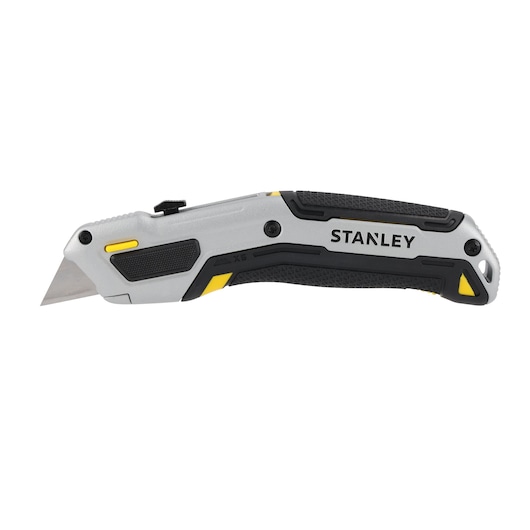 STANLEY folding utility knife with black and yellow grip, shown with blade extended.