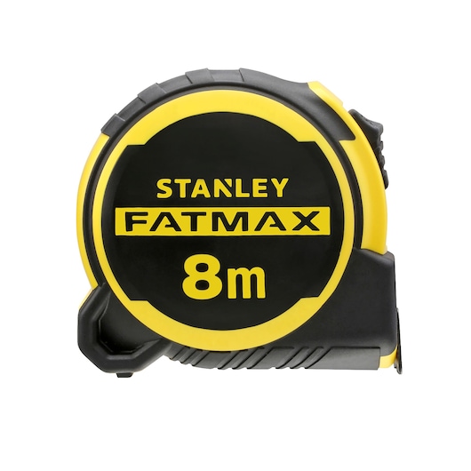 Photo of STANLEY FMHT33102 FATMAX 8m tape measure, black and yellow, front angle, on white background.