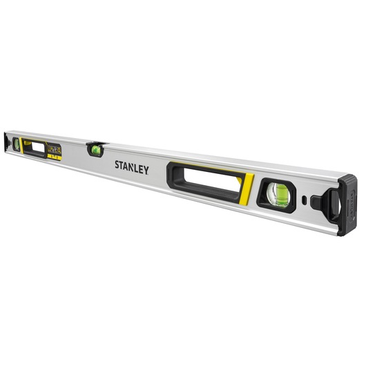 STANLEY FMHT43675-1 spirit level, silver with black and yellow accents, angled photo on white background.