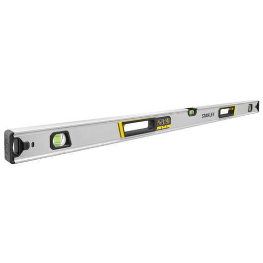 STANLEY FMHT43676-1 spirit level with aluminum body, three vials, yellow accents, angled view on white background.