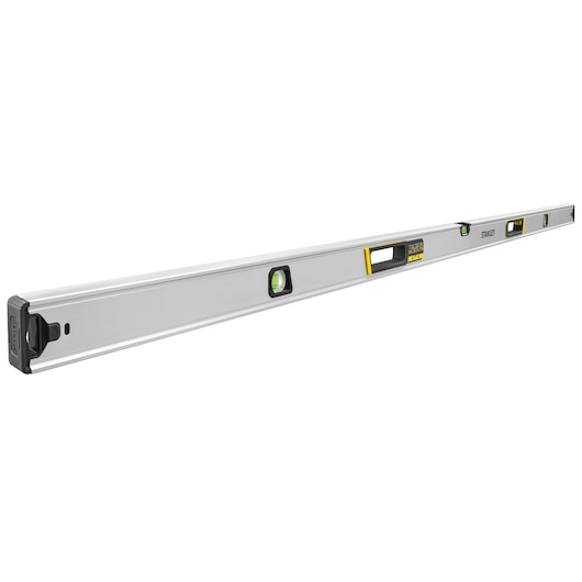 STANLEY FMHT43679-1 aluminum spirit level, straight angle, silver body with vial windows, white background.