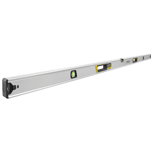 STANLEY FMHT43680-1 spirit level with aluminum body, three vials, and ergonomic handles, side angle on white background.