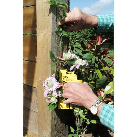 STANLEY FMHT6-70411 staple gun used to fix flowers to a wooden garden post outdoors.
