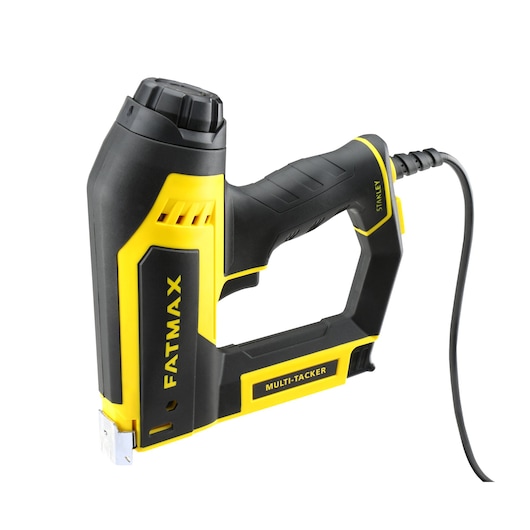 STANLEY FMHT6-75934 multi-tacker with power cord, yellow and black, angled view on white background.