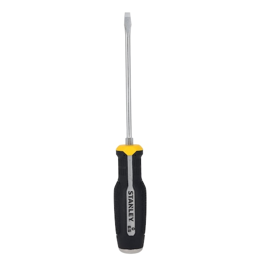 STANLEY FMHT65700-0 slotted screwdriver with black and yellow handle, front view on white background.