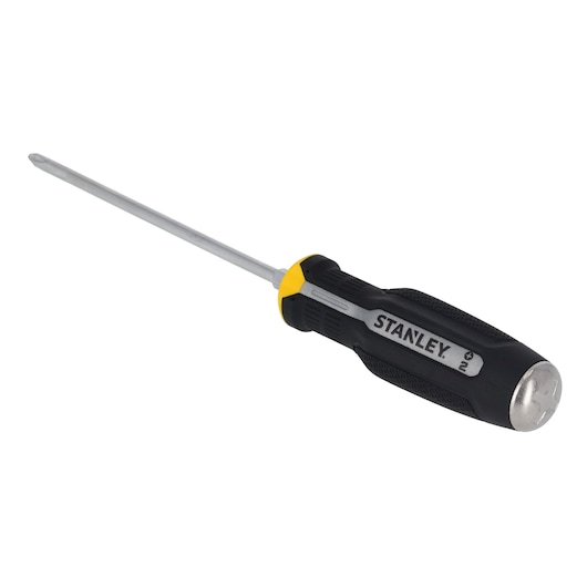 Photo of STANLEY FMHT65701-0 Phillips screwdriver with black and yellow handle, angled on white background.