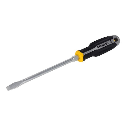 STANLEY FMHT65702-0 flathead screwdriver with black and yellow handle, angled product photo on white background.