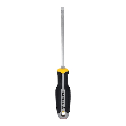 STANLEY FMHT65704-0 slotted screwdriver with black and yellow handle, front view on white background.