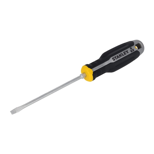 STANLEY FMHT65704-0 flathead screwdriver with black and yellow handle, product side angle on white background.