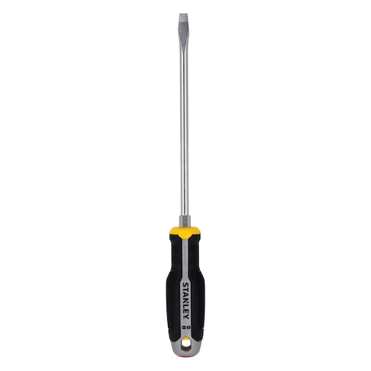 STANLEY FMHT65705-0 screwdriver with black and yellow handle, slotted tip, front view on white background.