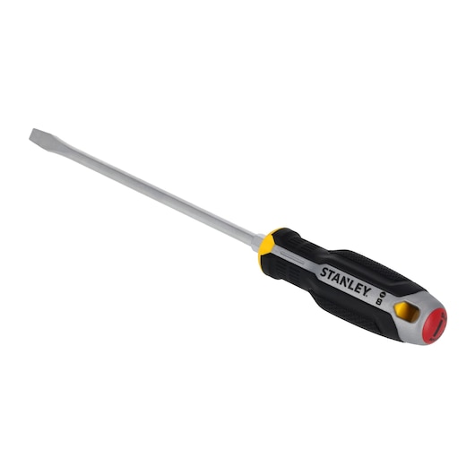Photo of STANLEY FMHT65705-0 slotted screwdriver with black and yellow handle, side angle, white background.