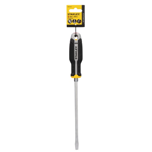 Photo of STANLEY FMHT65705-0 flathead screwdriver, black and yellow handle, front view on white background.