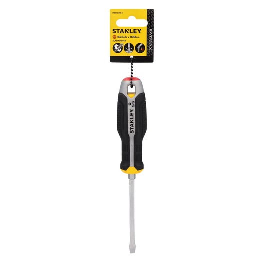 Photo of STANLEY SL5.5 x 100mm screwdriver FMHT65706-0, black/yellow handle, flat head, front angle, on white.