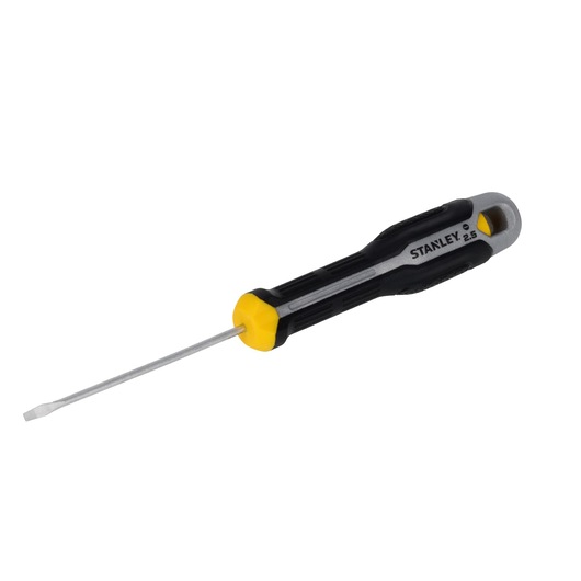 STANLEY FMHT65709-0 slotted screwdriver with black and yellow handle, angled view on white background.