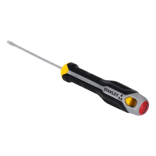 STANLEY FMHT65709-0 slotted screwdriver with black and yellow handle, angled view on white background.