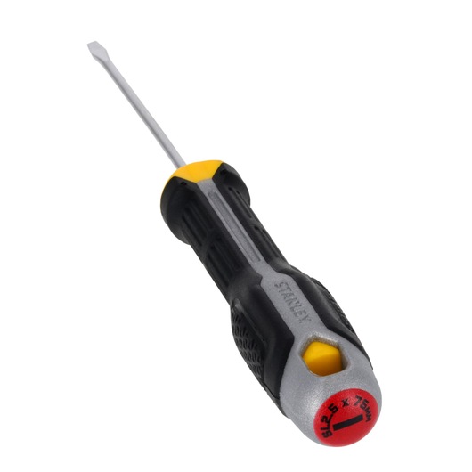 STANLEY FMHT65709-0 slotted screwdriver with black and yellow handle, angled view on white background.
