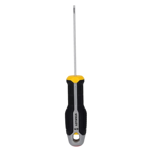 STANLEY FMHT65711-0 slotted screwdriver with black and yellow handle, front angle on white background.