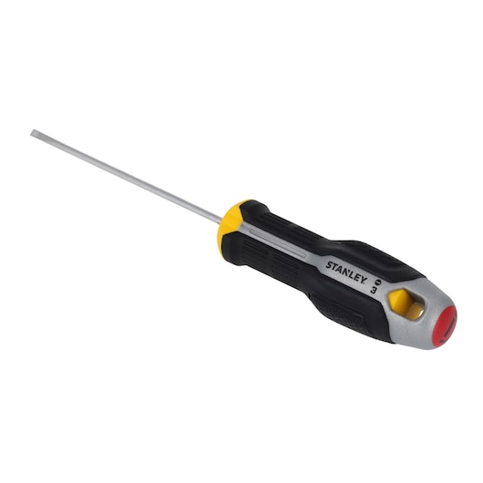 STANLEY FMHT65711-0 flathead screwdriver with black, yellow, and silver ergonomic handle, side angle on white.