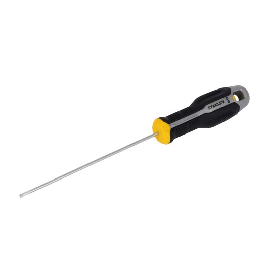 STANLEY FMHT65712-0 long flathead screwdriver with black and yellow handle, side angle on white background.