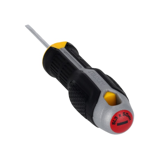 STANLEY FMHT65713-0 flathead screwdriver with black, yellow, and grey ergonomic handle, angled view on white background.