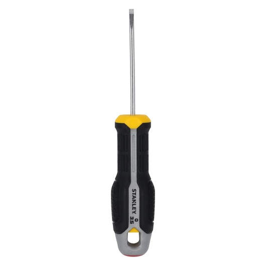STANLEY FMHT65714-0 slotted screwdriver with black and yellow ergonomic handle, front angle on white background.