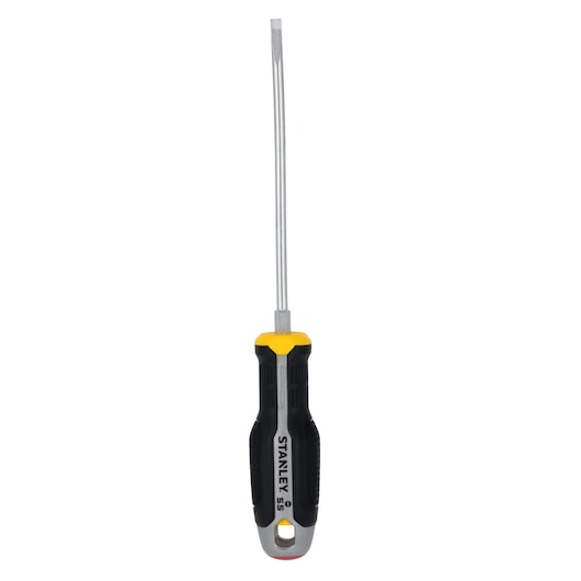 STANLEY FMHT65718-0 slotted screwdriver with black and yellow handle, front angle on white background.
