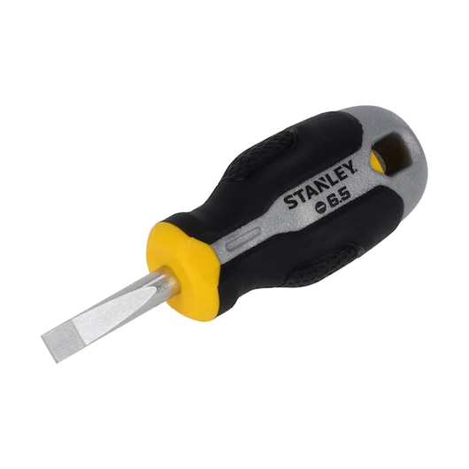 Photo of STANLEY FMHT65720-0 stubby flathead screwdriver with black, yellow, and silver ergonomic handle on white background.