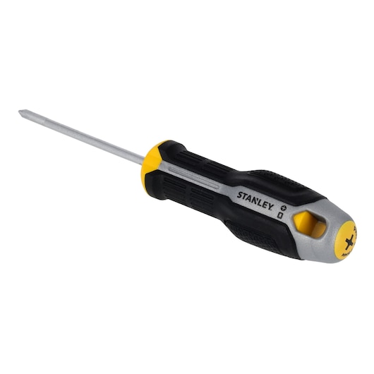 STANLEY FMHT65722-0 screwdriver with black and yellow ergonomic handle, side angle on white background.