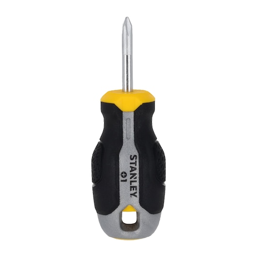 STANLEY FMHT65724-0 stubby Phillips screwdriver with black and yellow handle, front angle on white background.