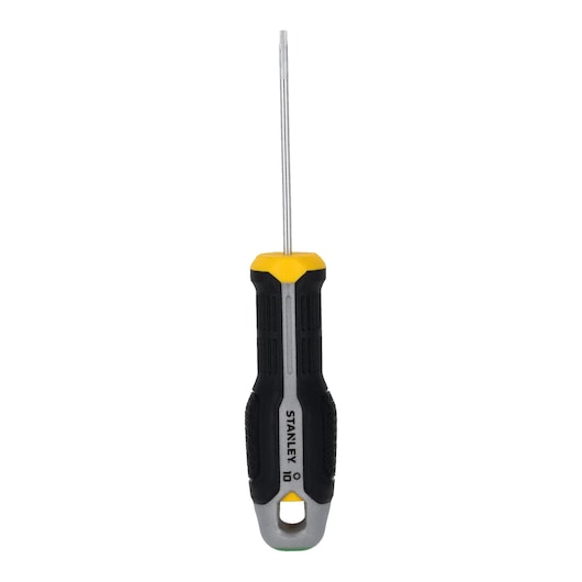 Front view of STANLEY FMHT65725-0 screwdriver with black and yellow ergonomic handle and chrome shaft.