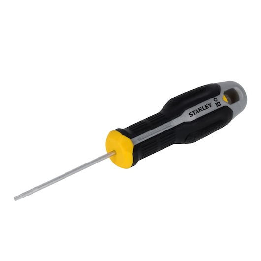 STANLEY FMHT65725-0 precision screwdriver with black and yellow handle, side angle on white background.