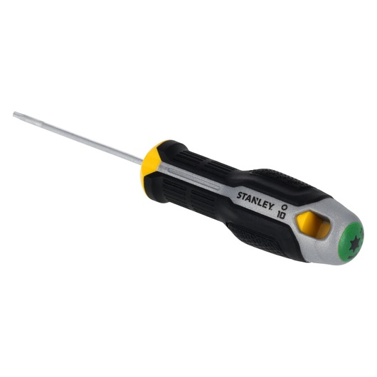 STANLEY FMHT65725-0 screwdriver with black, yellow, and silver ergonomic handle, side angle on white background.