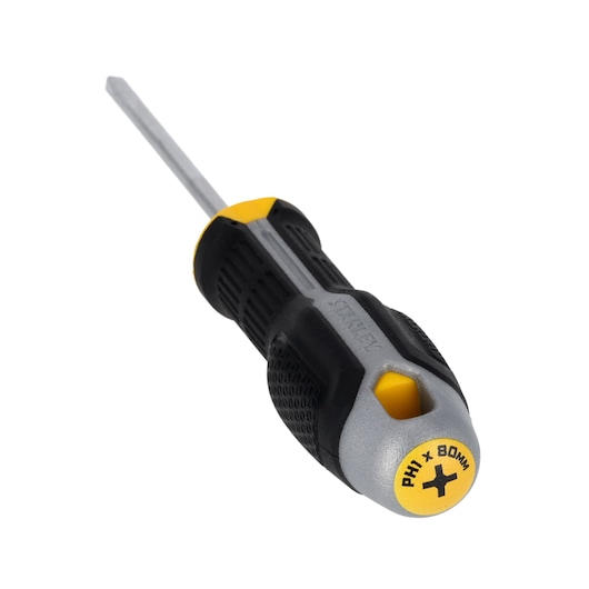 STANLEY FMHT65725-0 Phillips screwdriver with black and yellow handle, front angle on white background.