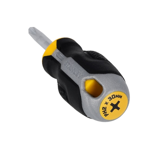 STANLEY FMHT65726-0 stubby Phillips screwdriver with black, yellow, and grey handle, angled view on white background.