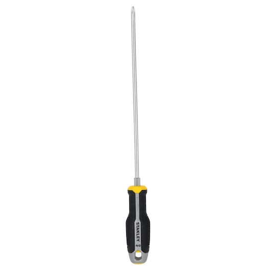 STANLEY FMHT65728-0 screwdriver with black and yellow handle, long shaft, straight-on angle, hand tool category.