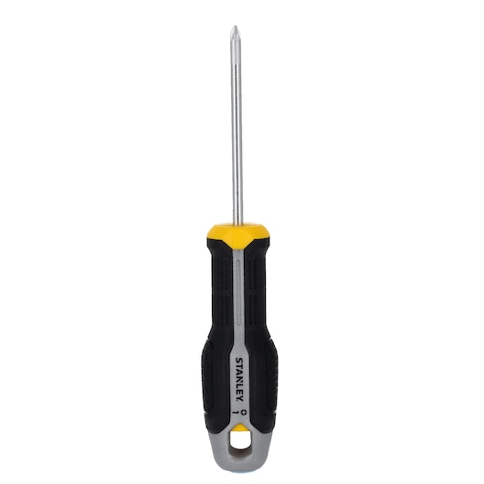 STANLEY FMHT65733-0 Phillips screwdriver, black and yellow handle, front view, hand tool.