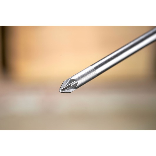 Close-up of a STANLEY Phillips screwdriver tip against a blurred background.