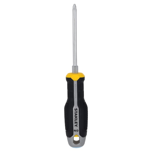 Photo of STANLEY FMHT65735-0 Phillips screwdriver with black and yellow handle, front angle, white background.