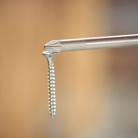 A close-up of a screwdriver tip holding a silver screw vertically on a blurred background.