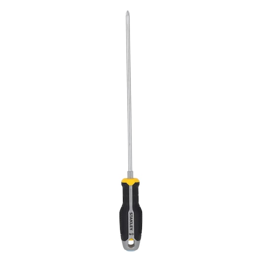 STANLEY FMHT65736-0 long Phillips screwdriver with black and yellow handle, straight on white background.