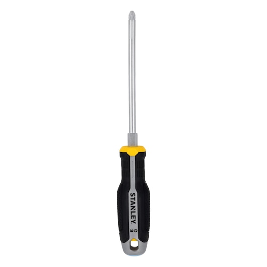 STANLEY FMHT65737-0 Phillips screwdriver with black and yellow ergonomic handle, front view, white background.