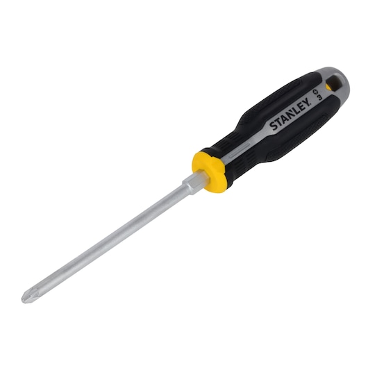 STANLEY FMHT65737-0 Phillips screwdriver with black and yellow handle, angled view on white background.