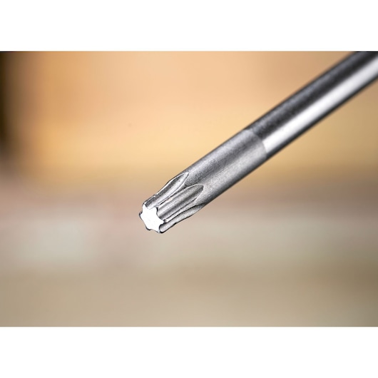Close-up of a metallic star-shaped screwdriver tip against a blurred background.