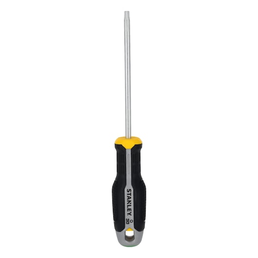 STANLEY FMHT65742-0 screwdriver with black and yellow handle, front view on white background.