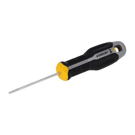 STANLEY FMHT65744-0 screwdriver with black and yellow ergonomic handle, side angle on white background.