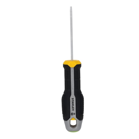STANLEY FMHT65744-0 screwdriver with black and yellow ergonomic handle, front angle on white background.