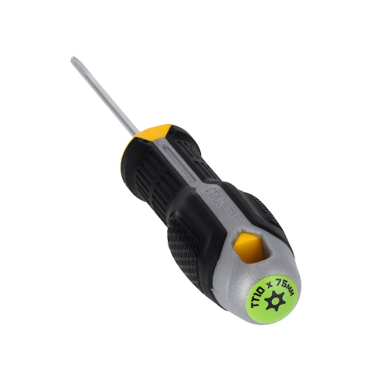 STANLEY FMHT65744-0 Torx screwdriver with black, grey, and yellow handle, TT10 x 75mm, product angle on white background.
