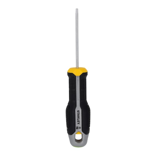 Photo of STANLEY FMHT65745-0 screwdriver with black, yellow, and gray ergonomic handle, front angle on white background.