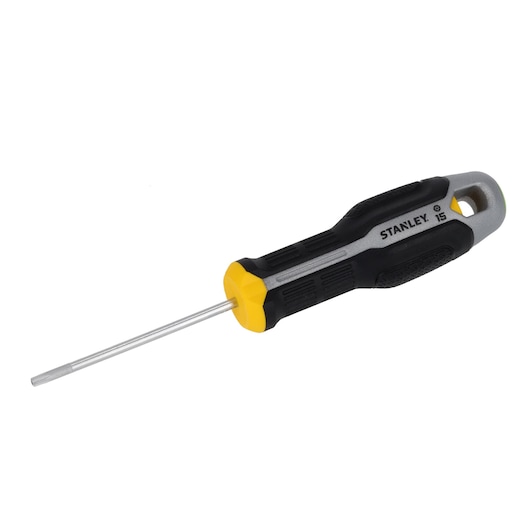 Photo of STANLEY FMHT65745-0 screwdriver with black and yellow handle, side angle on white background.