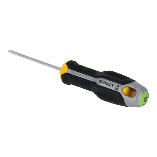 Photo of STANLEY FMHT65745-0 screwdriver with black, grey, and yellow handle, Torx tip, side angle, white background.